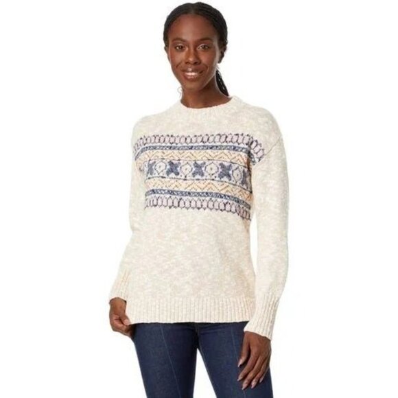 L.L. Bean Sweaters - L.L.Bean Size 1X Plus Beige Blue Fair Isle Chunky Knit Cotton Ragg Crew Sweater